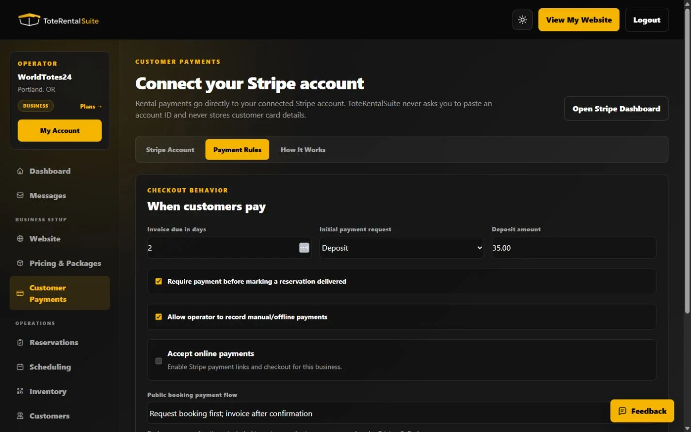 Customer Payments page showing Stripe connection status and separate payment settings