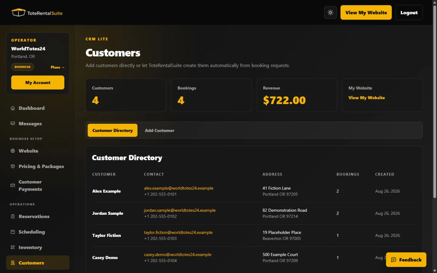WorldTotes24 customer directory with fictional customer records and an Add Customer tab