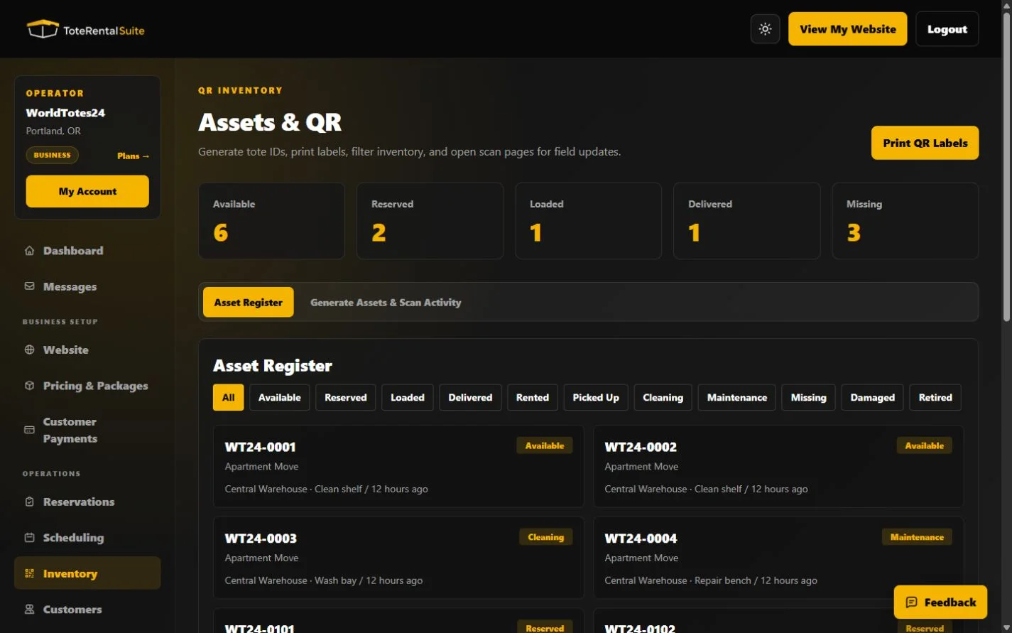 Inventory register listing WorldTotes24 QR-coded tote assets and status filters