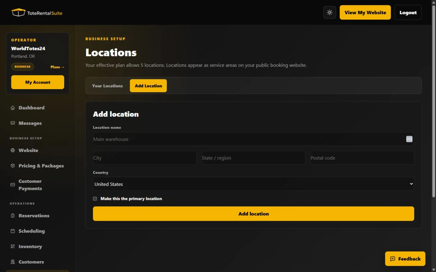 WorldTotes24 Locations page showing three fictional locations and the five-location Business limit