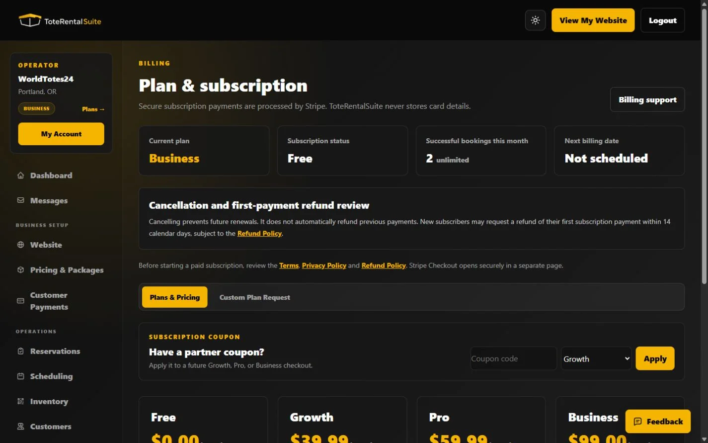 Platform Plan page comparing Free, Growth, Pro, and Business features and prices