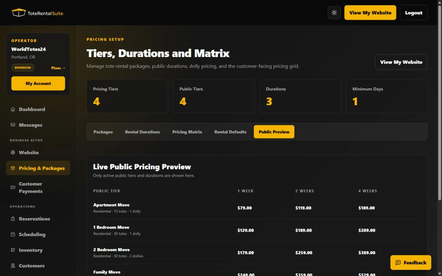 Pricing and Packages page showing package tiers and rental duration controls