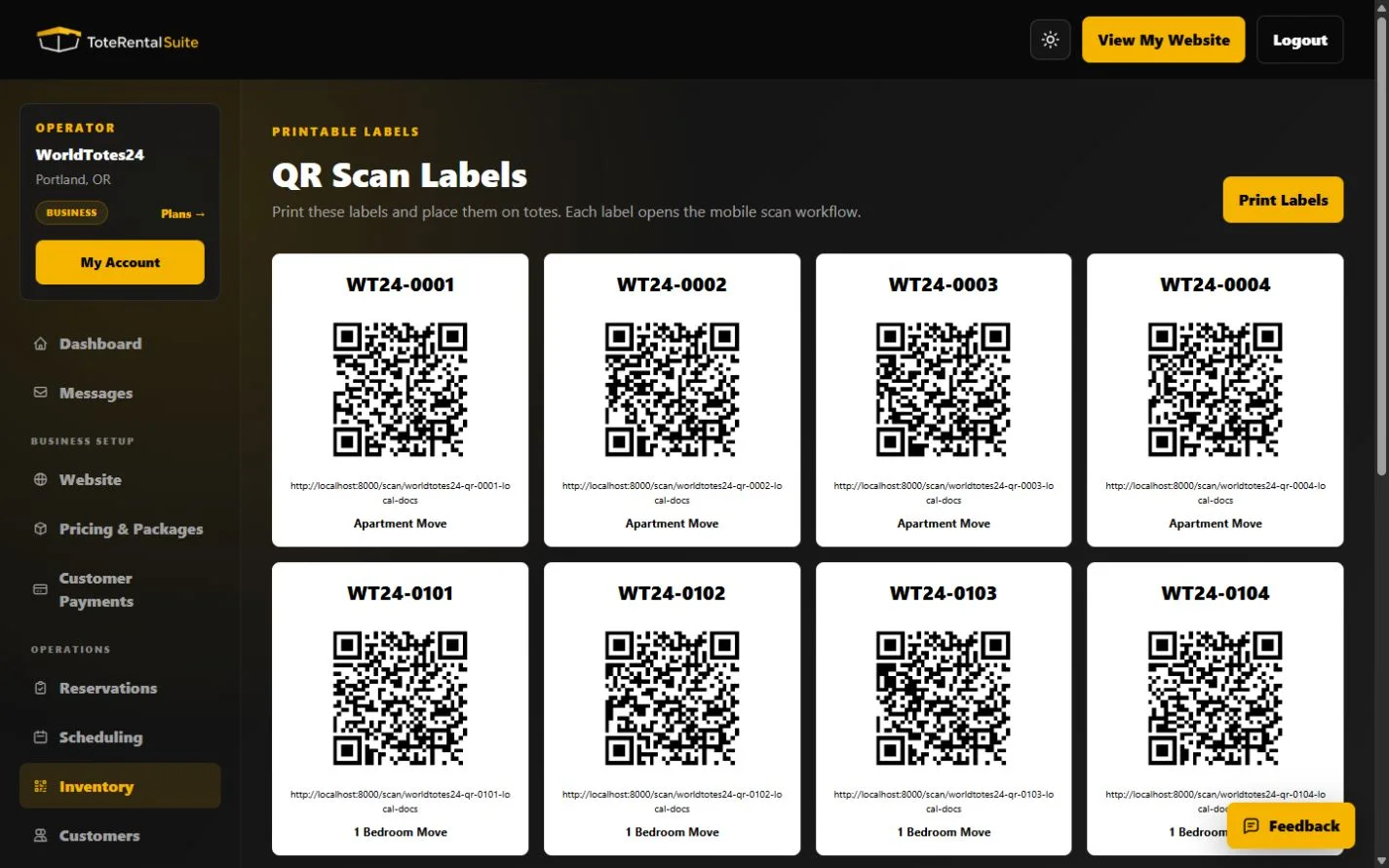 Printable sheet of WorldTotes24 QR labels for fictional tote assets