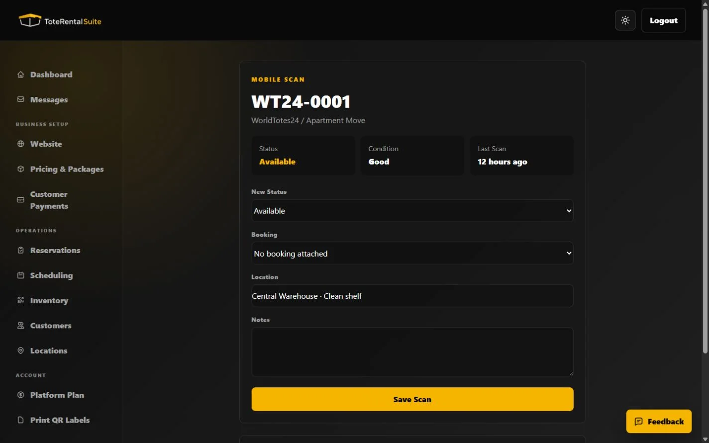 Public WorldTotes24 asset scan page with status, booking, location, and notes controls