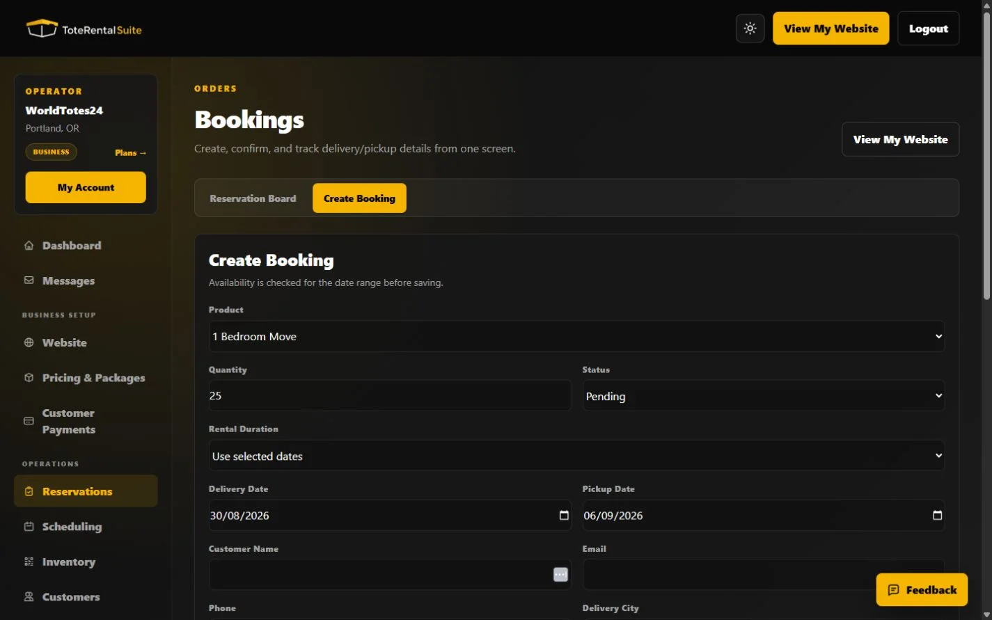 Create Booking form with package, quantity, status, dates, and fictional customer fields