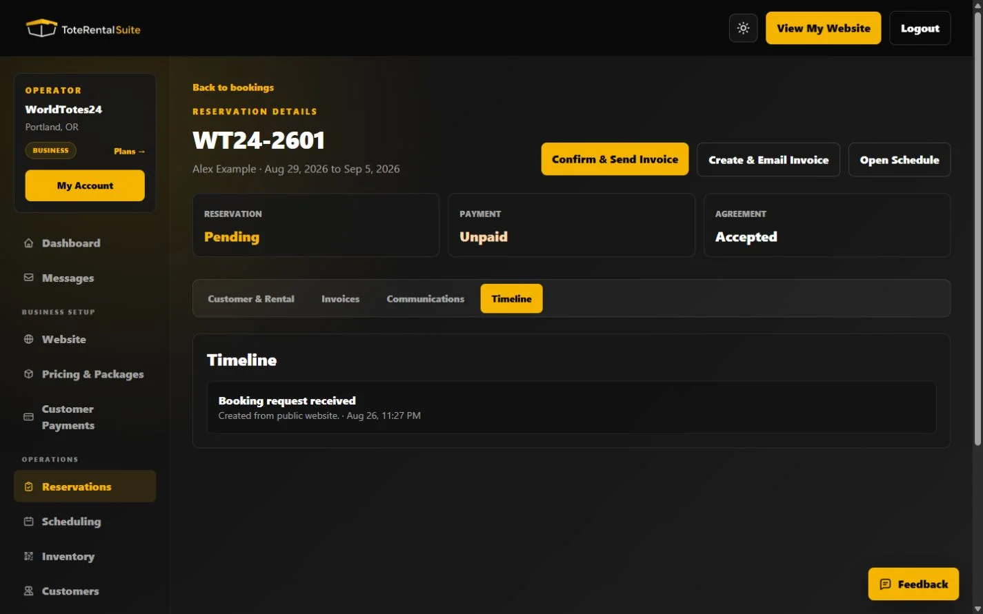 Pending reservation detail with Customer and Rental, Invoices, Communications, and Timeline tabs