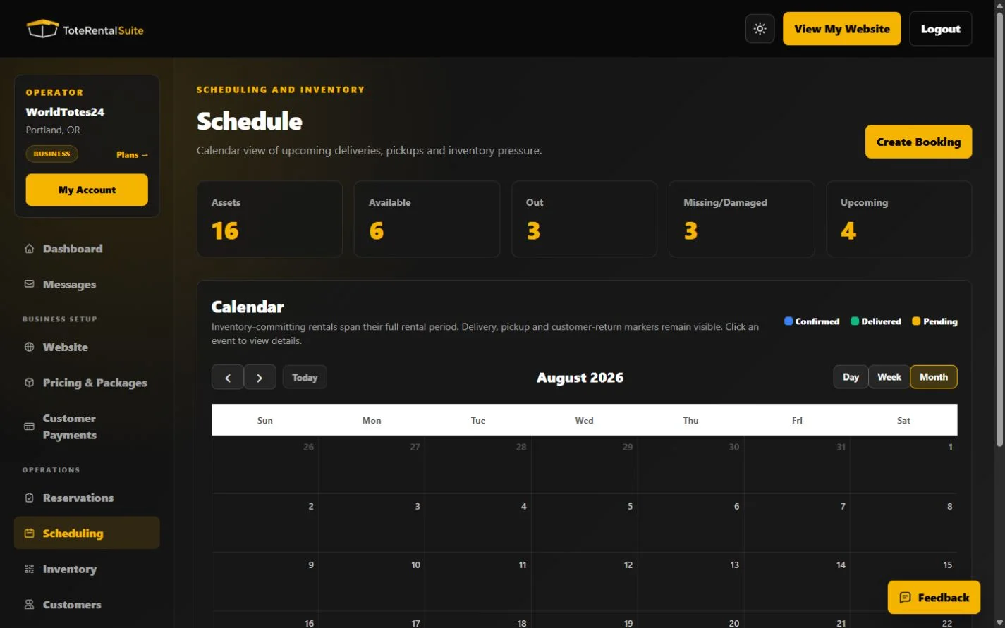 WorldTotes24 scheduling calendar in month view with reservation spans and delivery and pickup markers