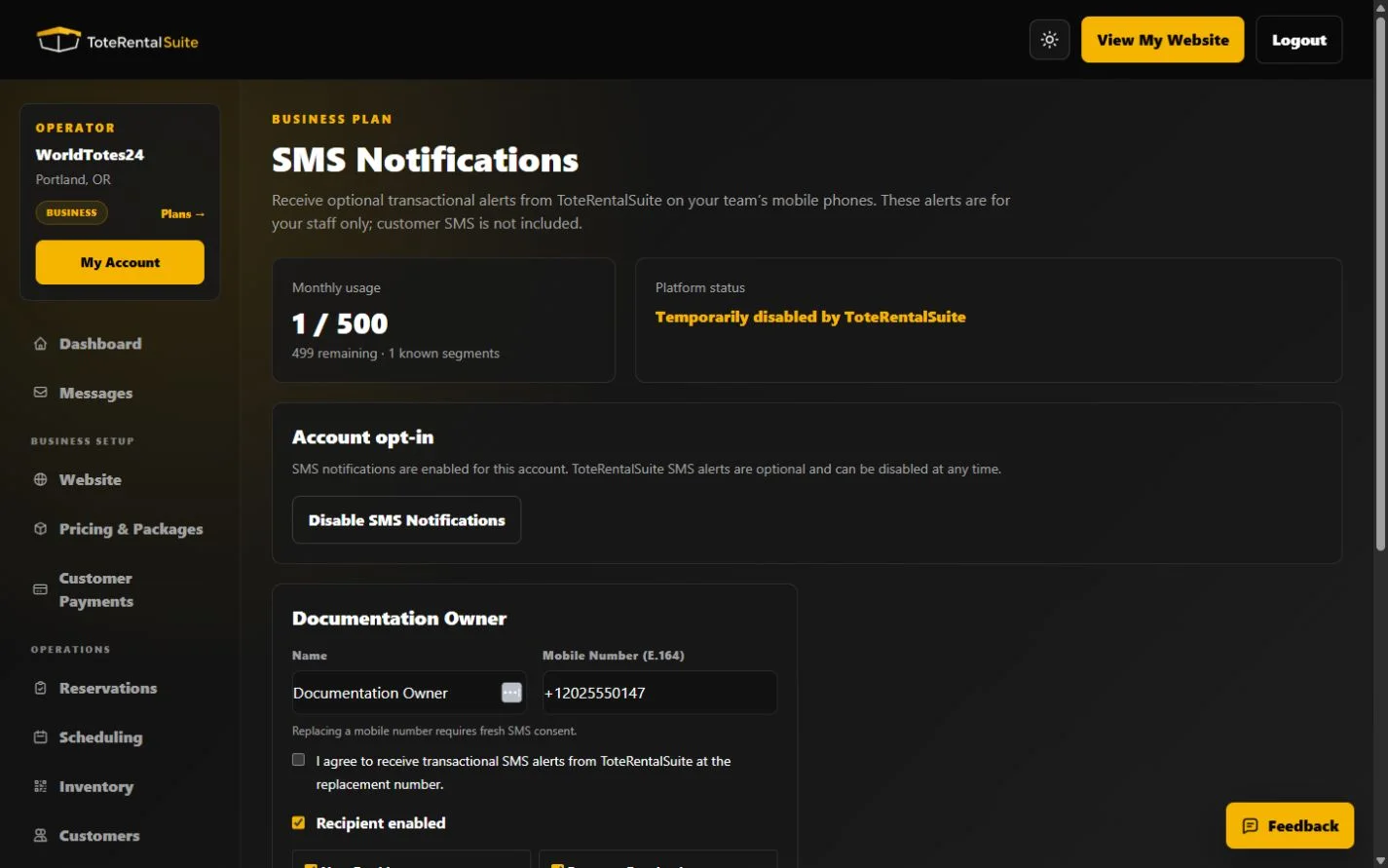 Business-plan SMS Notifications page showing staff-only alerts and platform unavailable status