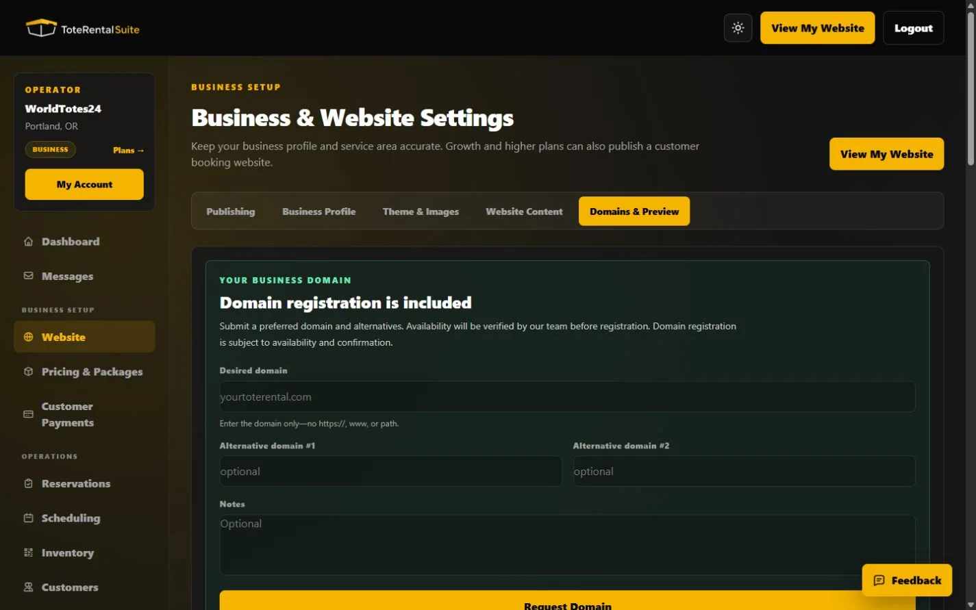 Domains and Preview tab showing a pending example domain and deployment-specific DNS instructions