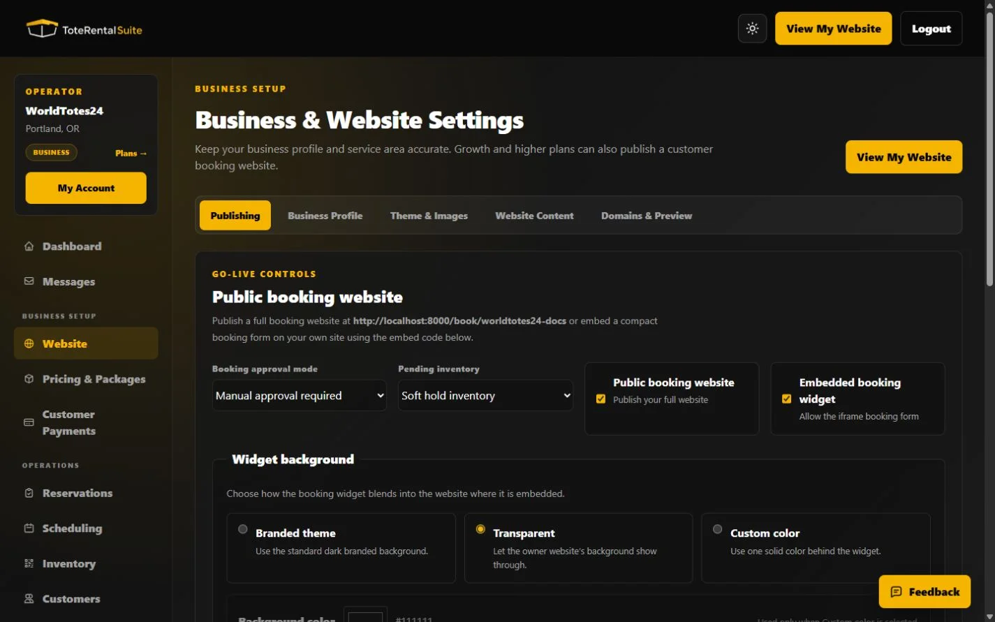 Website Publishing tab showing approval mode, pending inventory policy, and website and widget switches