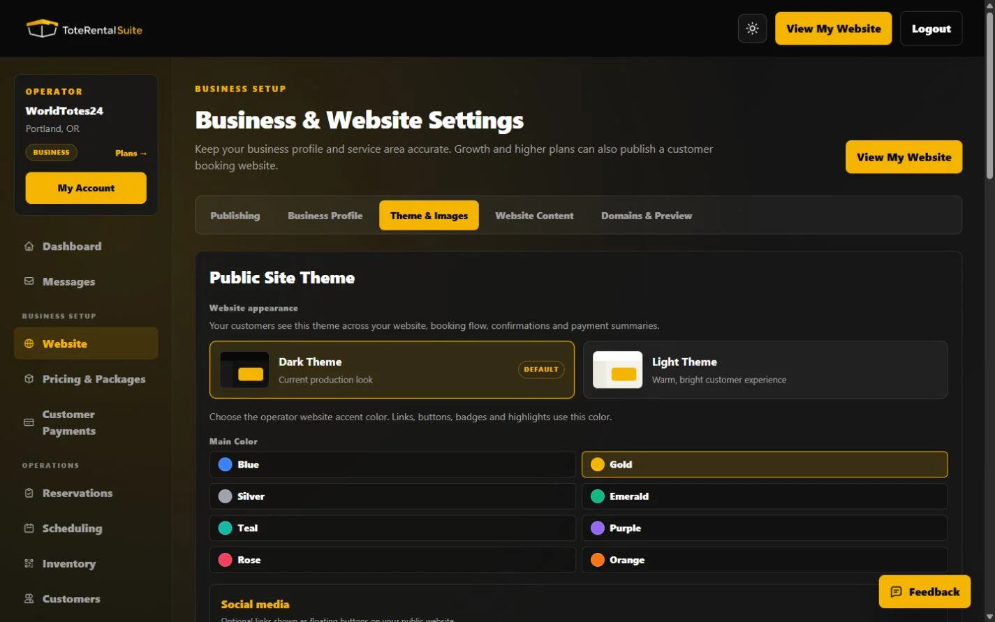 Theme and Images settings showing customer-facing theme, brand colors, and image controls