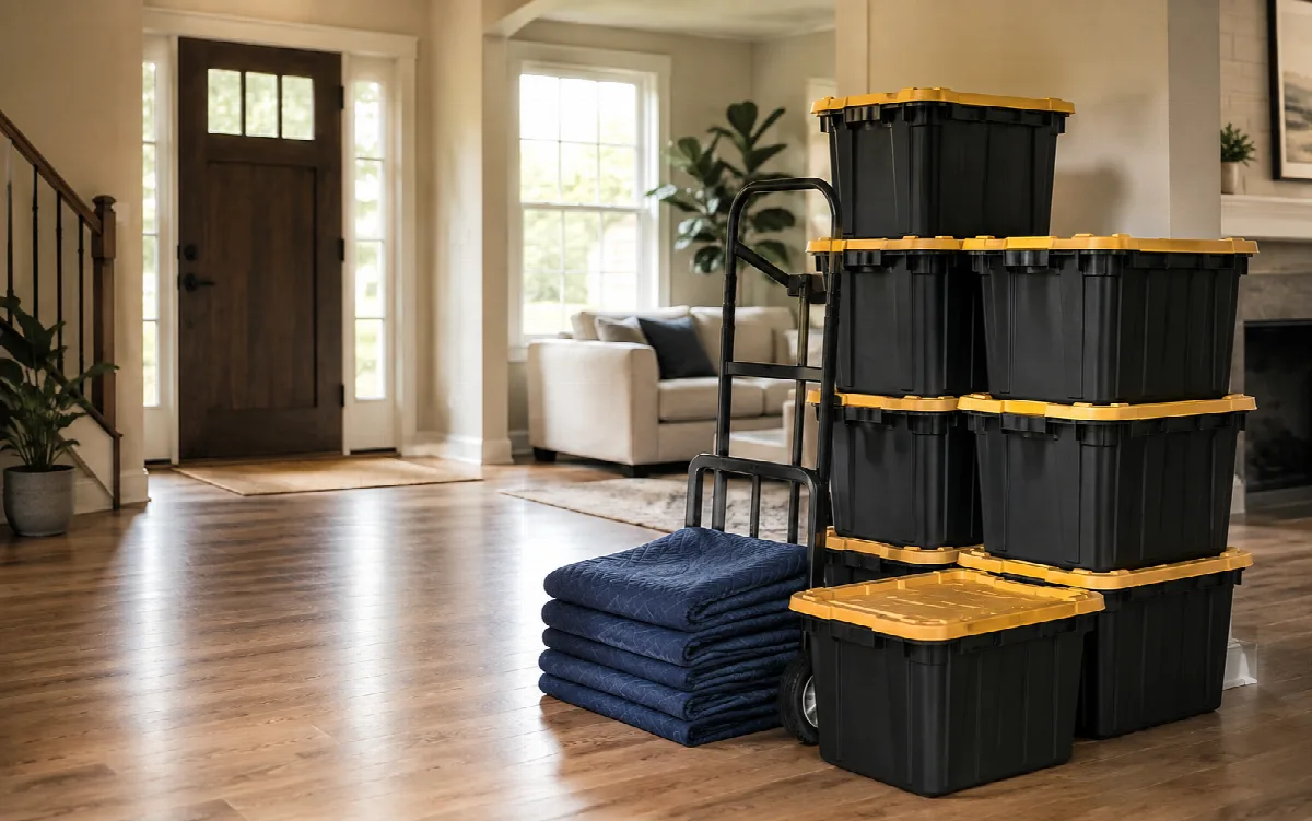 Reusable moving totes and a dolly ready for a rental delivery