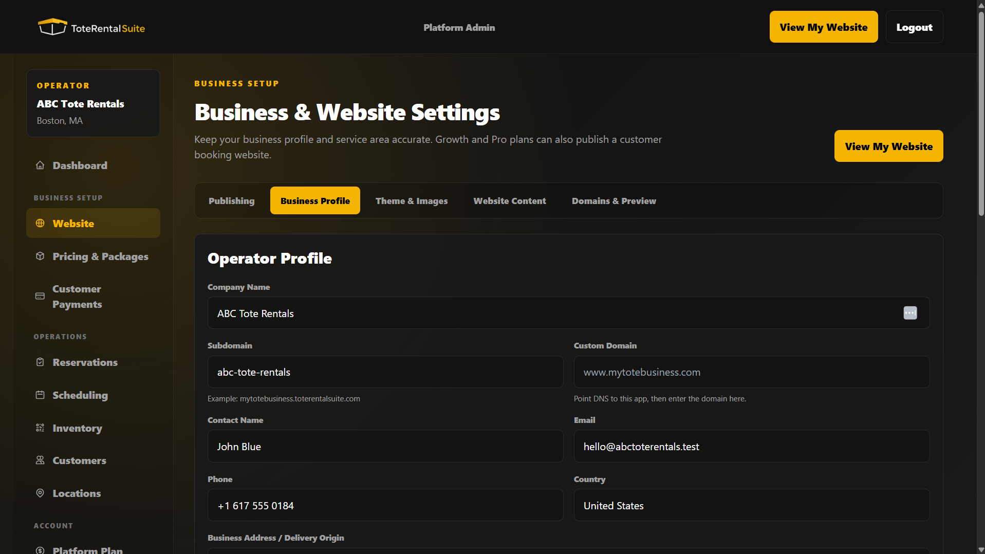 ToteRentalSuite Website settings screen showing publishing, business profile, theme, website content, and domain tabs